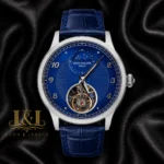 Tourbillon Silver Watch with Blue Dial and Leather Strap