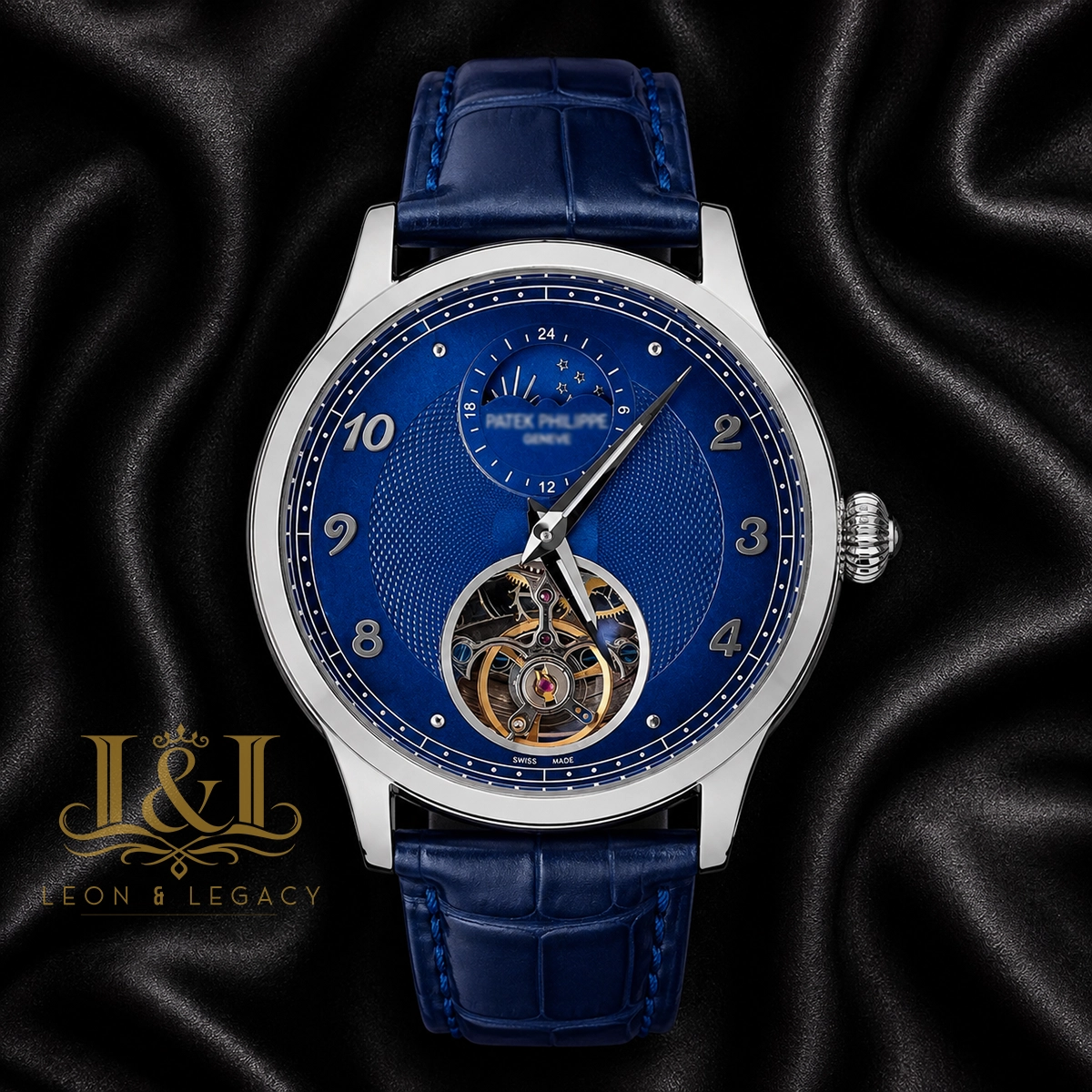 Tourbillon Silver Watch with Blue Dial and Leather Strap 1 copy
