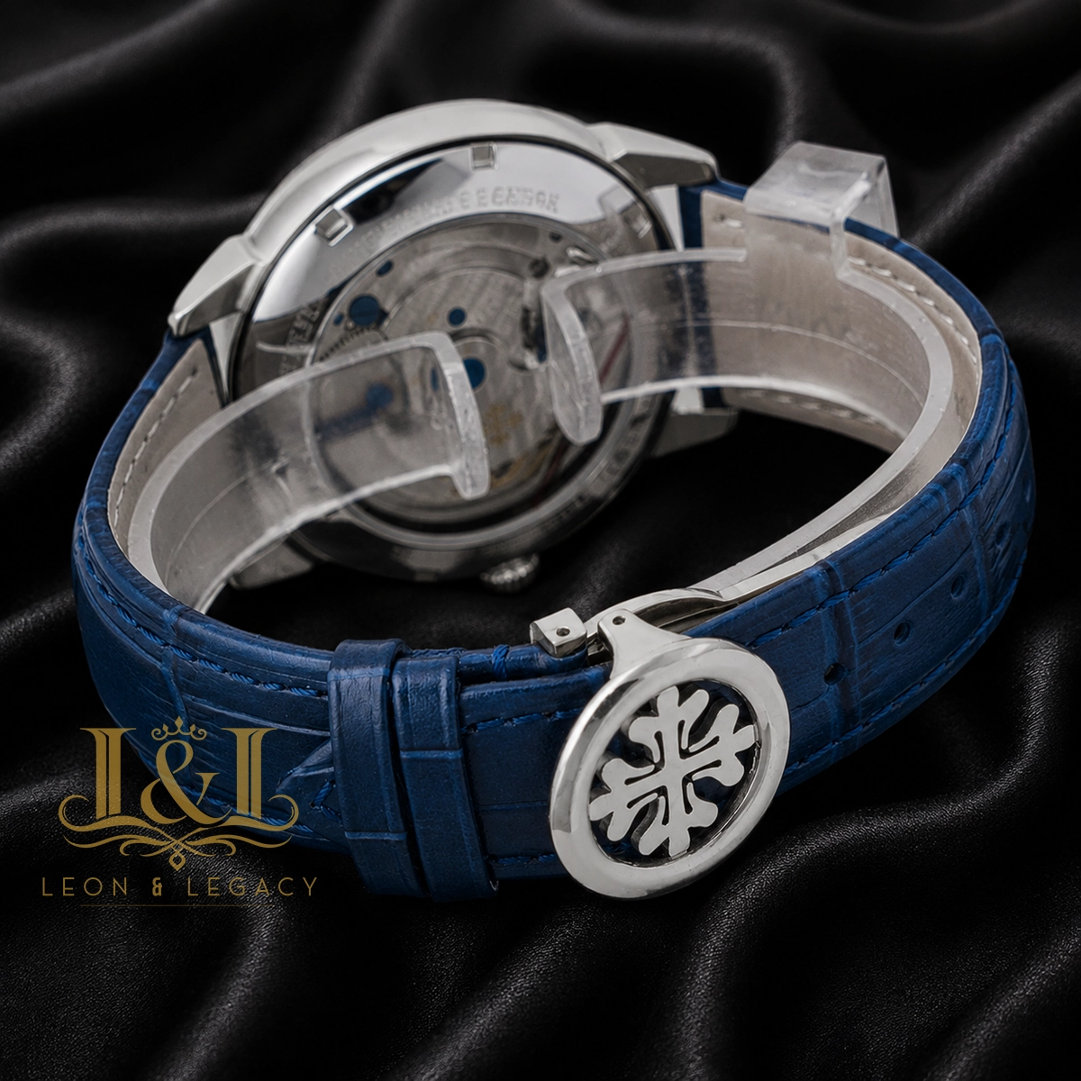 Tourbillon Silver Watch with Blue Dial and Leather Strap