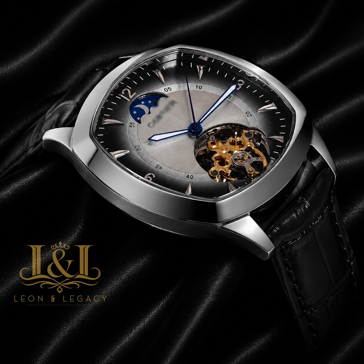Tourbillon Silver Watch with Deep White Dial and Leather Strap