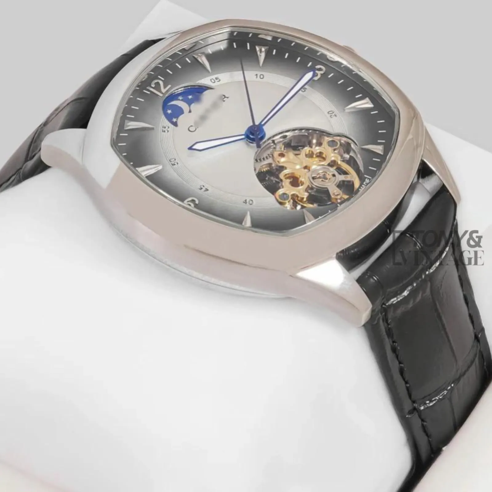 Tourbillon Silver Watch with Deep White Dial and Leather Strap