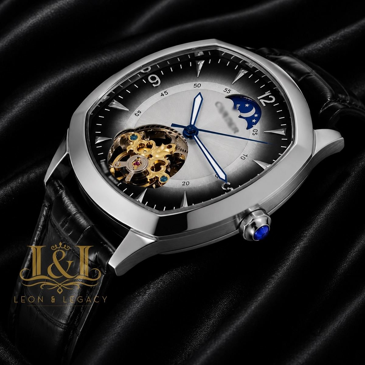 Tourbillon Silver Watch with Deep White Dial and Leather Strap 2 copy