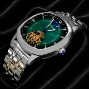 Tourbillon Silver Watch with Green Dial Automatic