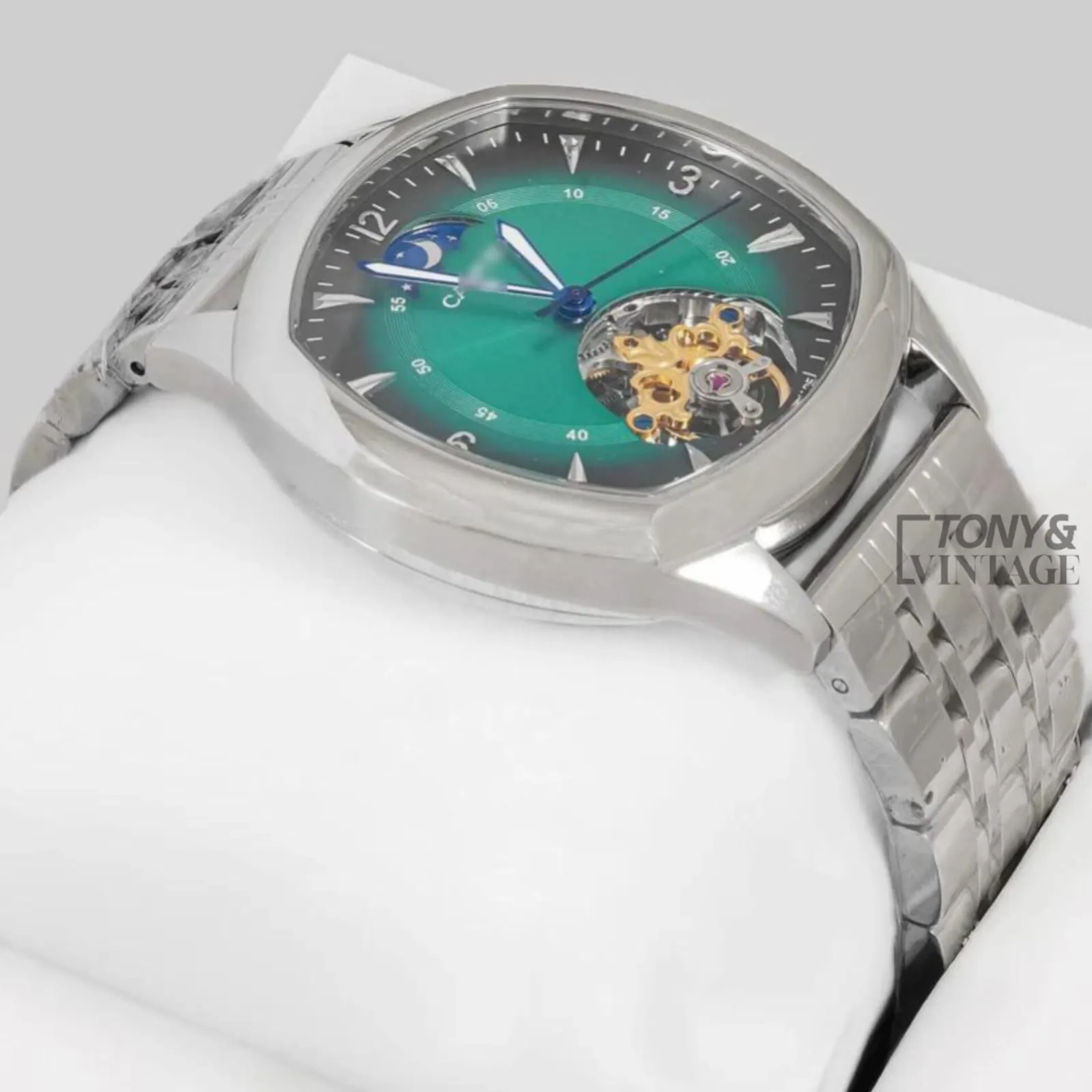Tourbillon Silver Watch with Green Dial Automatic