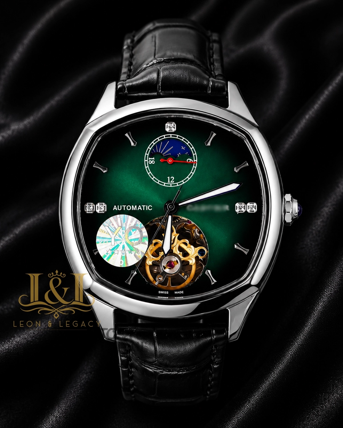 Tourbillon Silver Watch with Green Dial and Black Leather Strap
