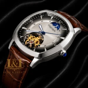 Tourbillon Silver Watch with Grey Dial and Brown Leather Strap