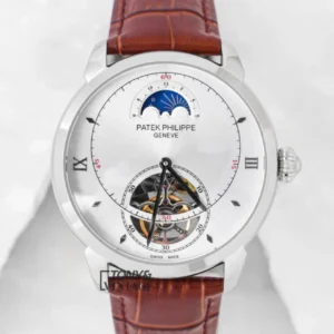 Tourbillon Silver Watch with White Dial and Leather Strap