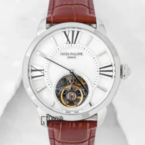 Tourbillon Silver Watch with White Dial and Leather Strap