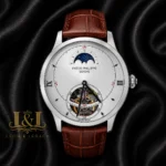 Tourbillon Silver Watch with White Dial and Leather Strap