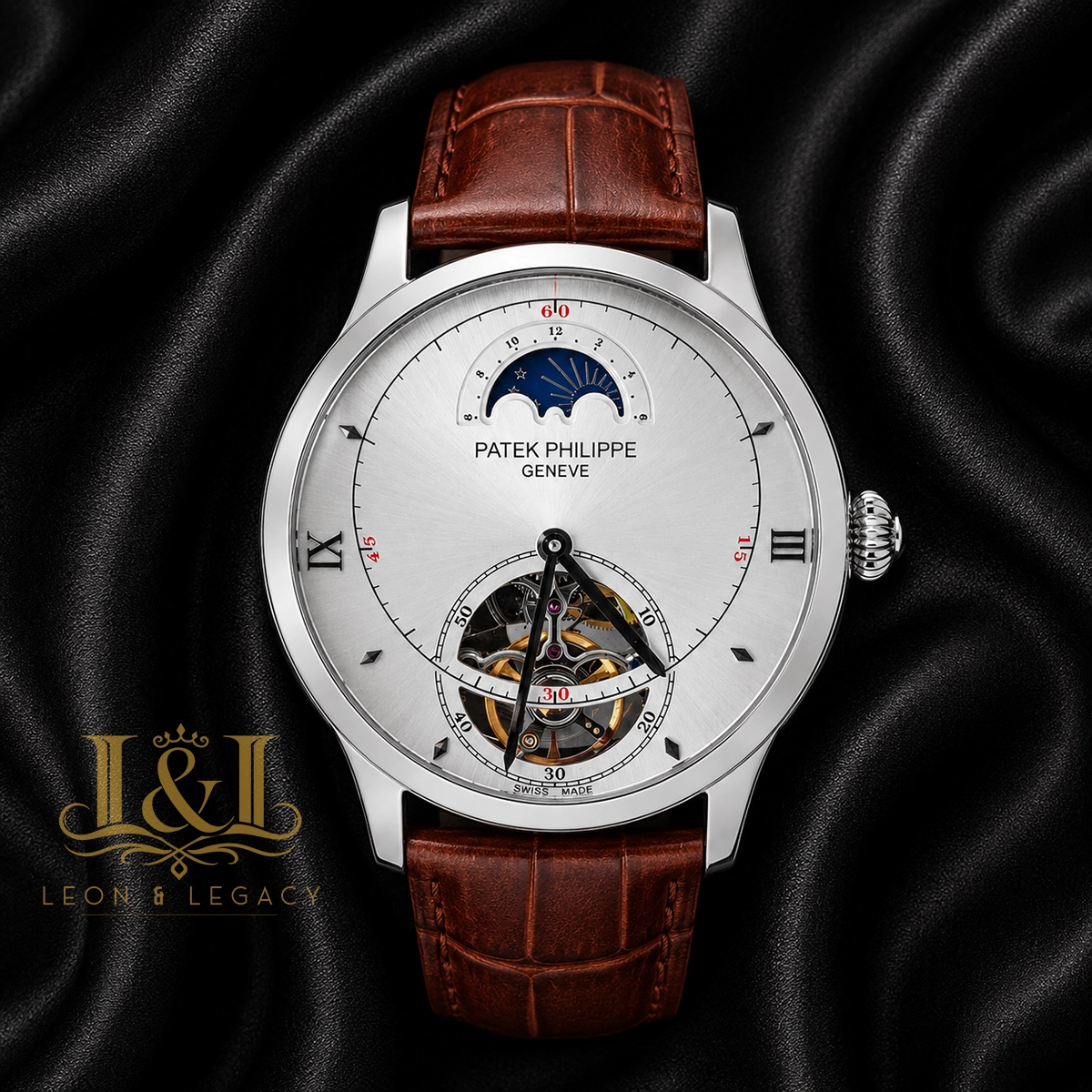 Tourbillon Silver Watch with White Dial and Leather Strap 1. copy