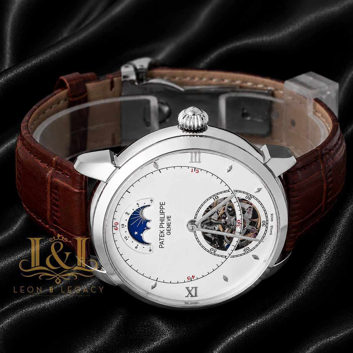 Tourbillon Silver Watch with White Dial and Leather Strap