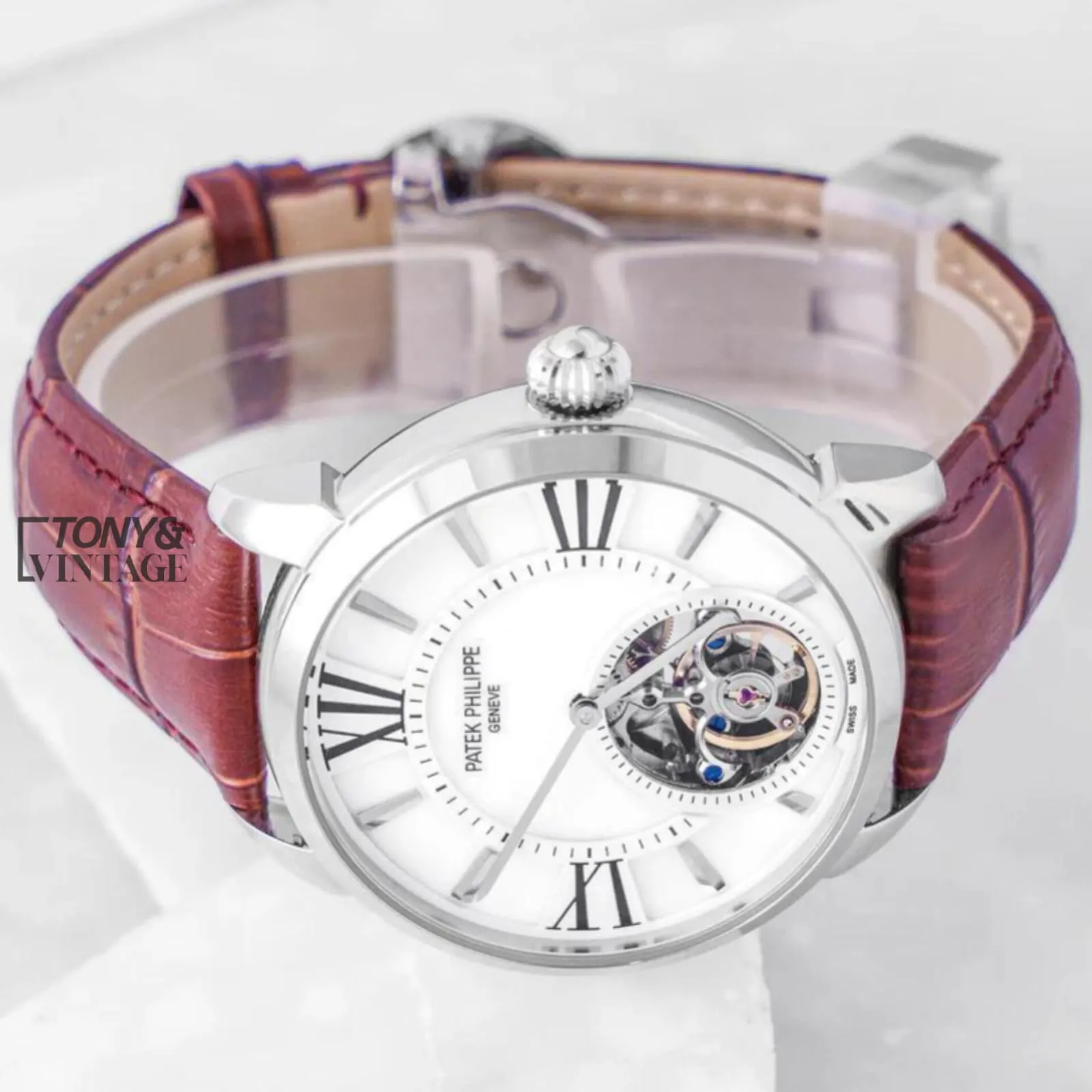 Tourbillon Silver Watch with White Dial and Leather Strap