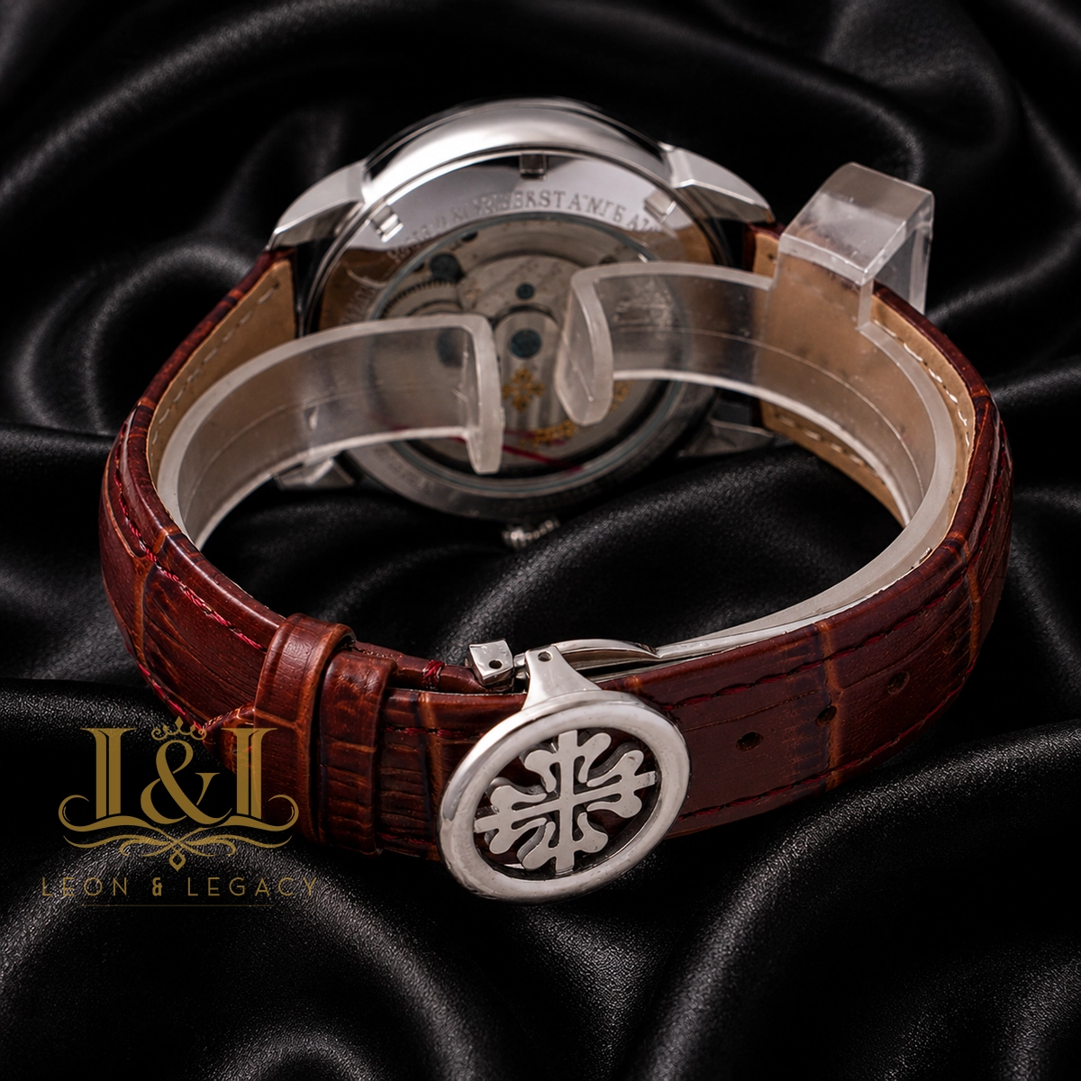 Tourbillon Silver Watch with White Dial and Leather Strap