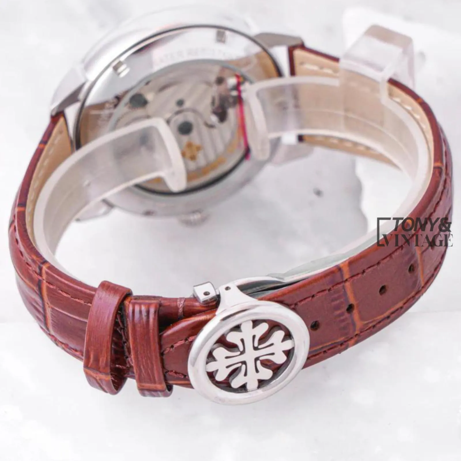 Tourbillon Silver Watch with White Dial and Leather Strap