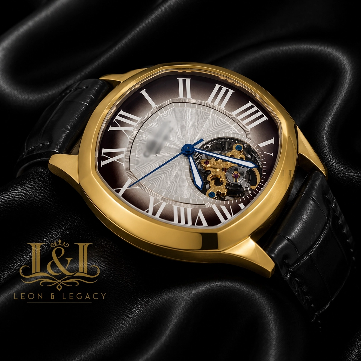 Tourbillon Yellow Gold Watch With Brown Dial and Leather Strap