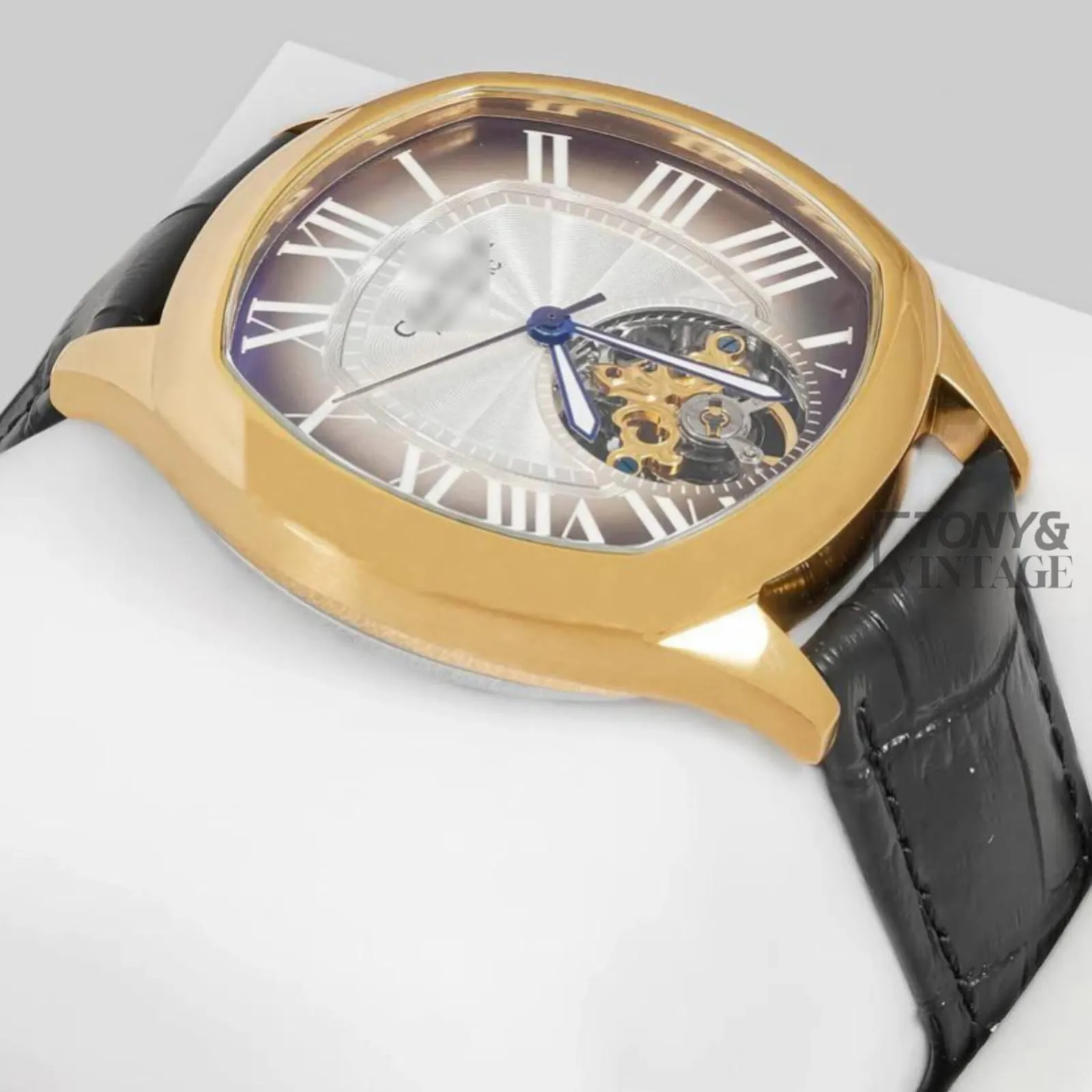 Tourbillon Yellow Gold Watch With Brown Dial and Leather Strap