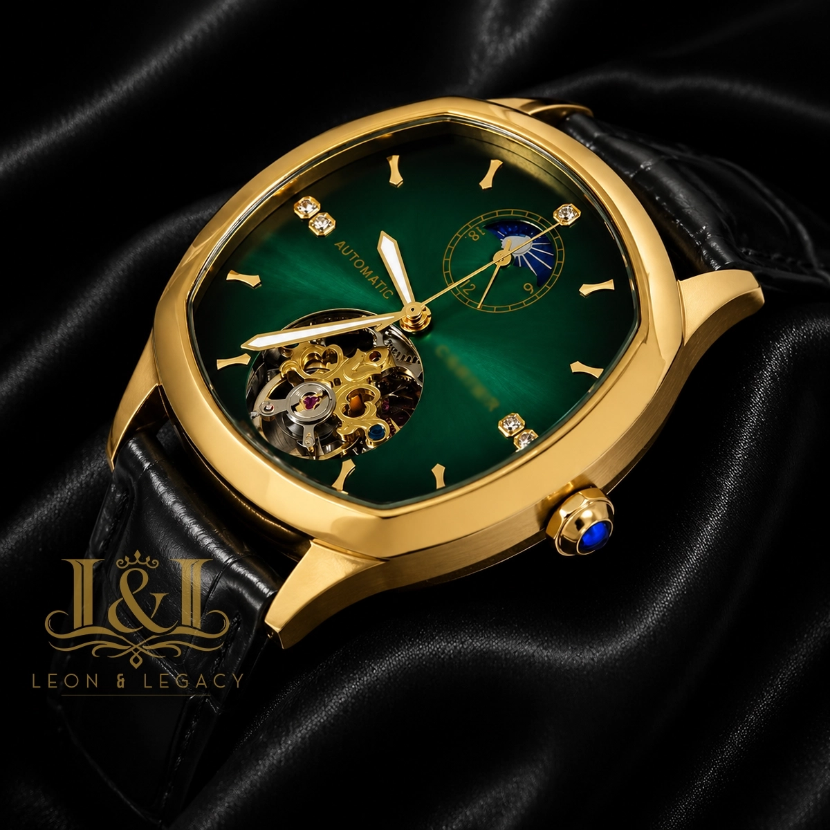 Tourbillon Yellow Gold Watch With Green Dial and Black Leather Strap 1 copy