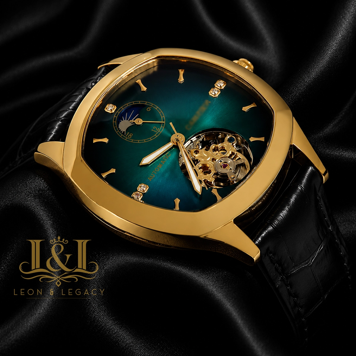 Tourbillon Yellow Gold Watch With Green Dial and Black Leather Strap