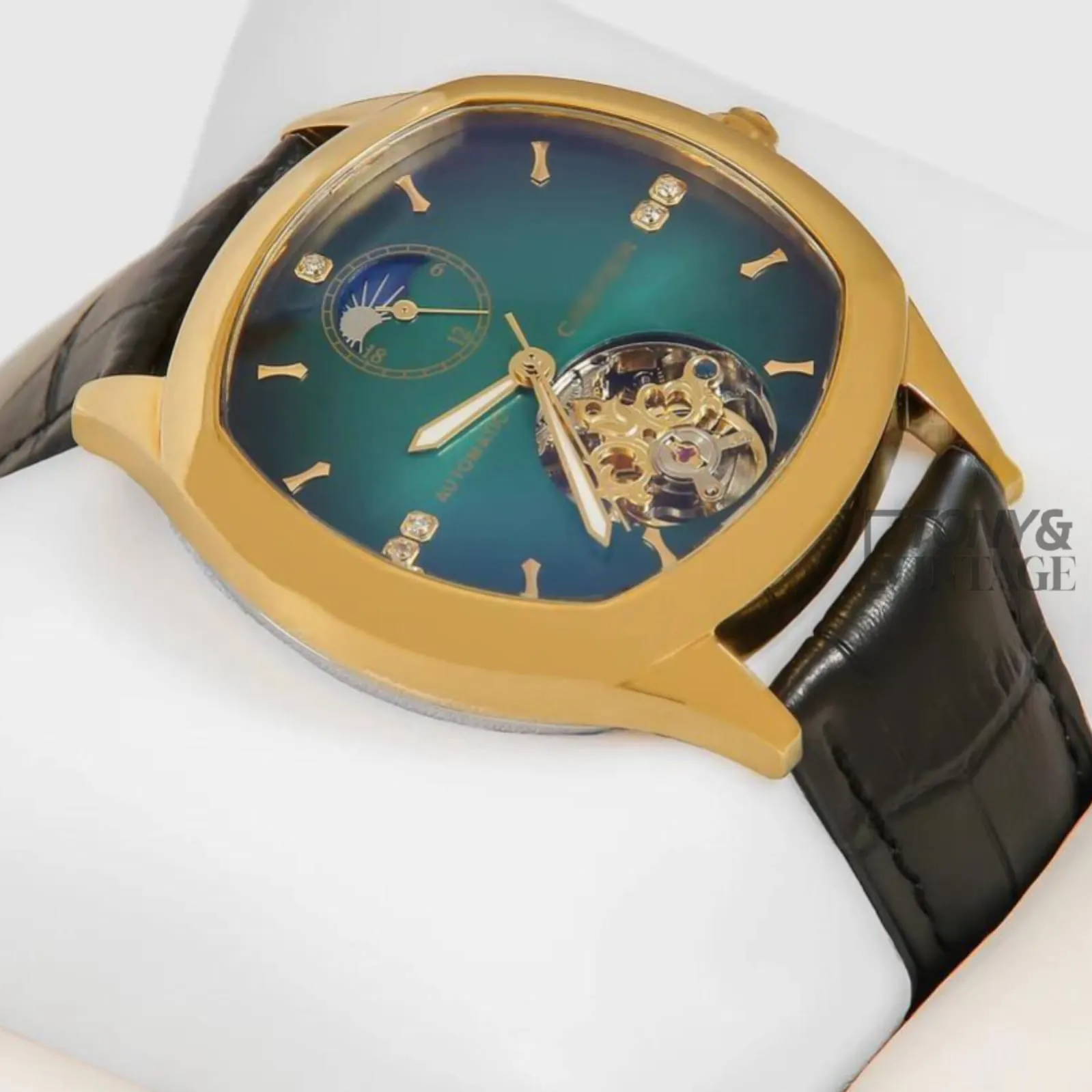 Tourbillon Yellow Gold Watch With Green Dial and Black Leather Strap