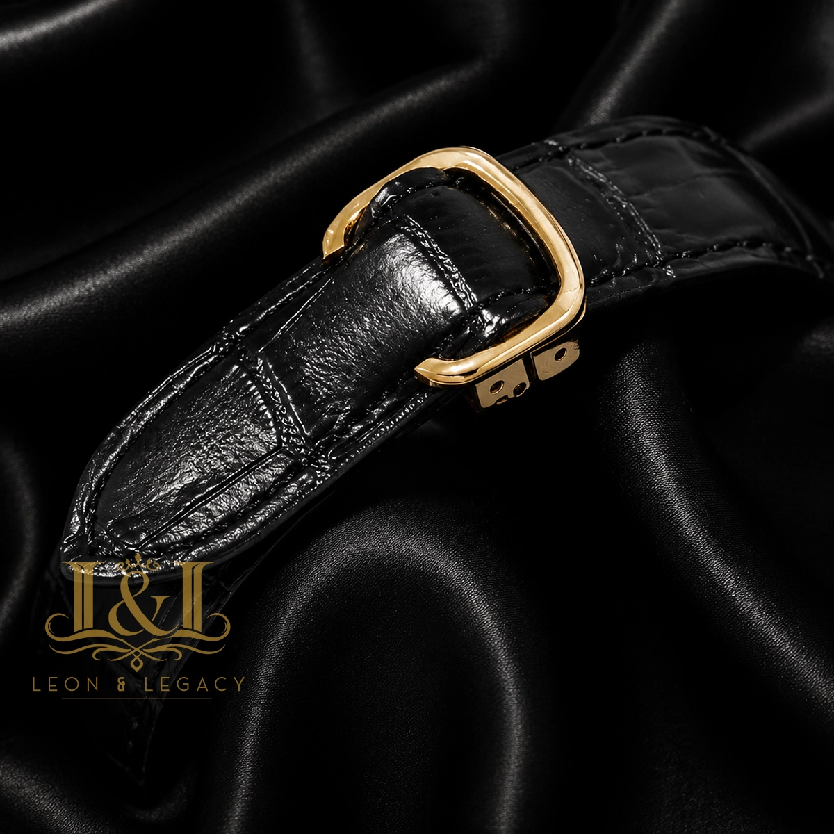 Tourbillon Yellow Gold Watch With Green Dial and Black Leather Strap