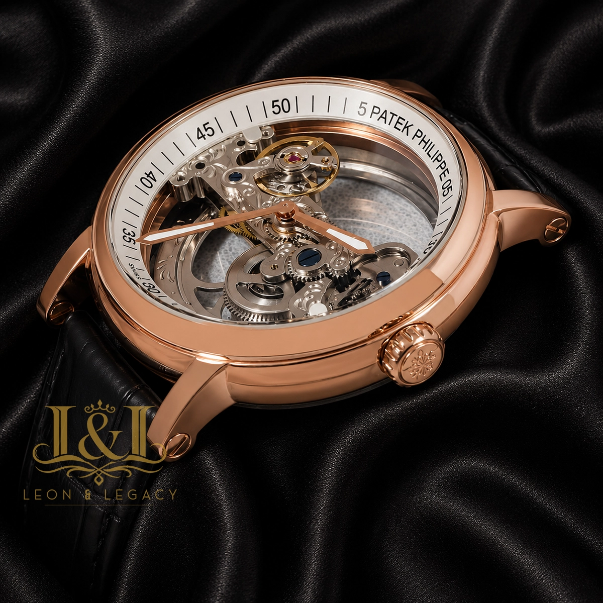 Transparent Skeleton Dial Rose Gold Case Black Leather Strap for Men 1 copy