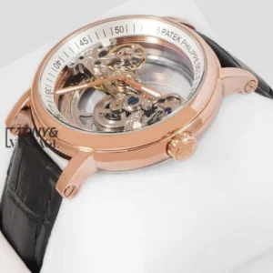 Transparent Skeleton Dial Rose Gold Case Black Leather Strap for Men