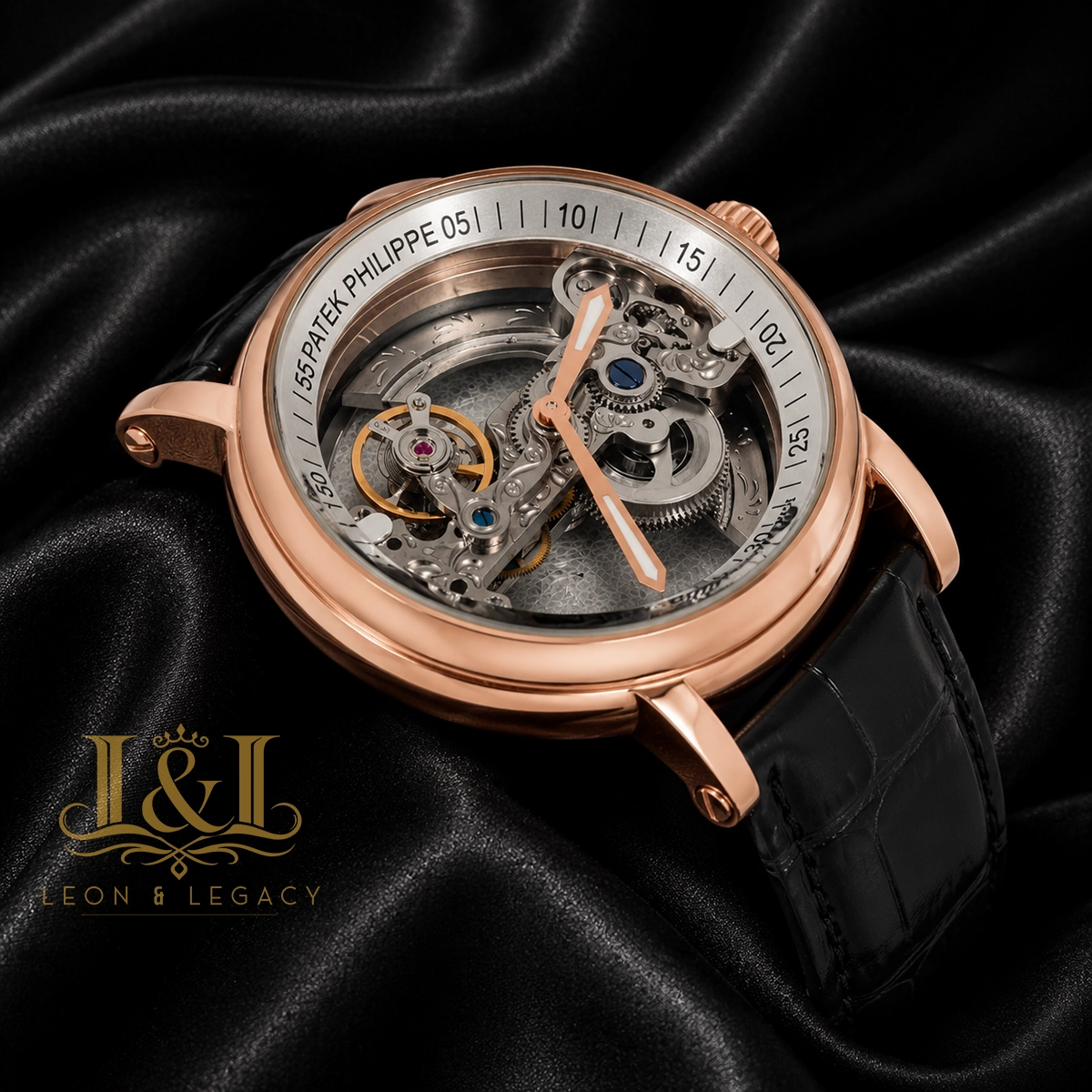 Transparent Skeleton Dial Rose Gold Case Black Leather Strap for Men