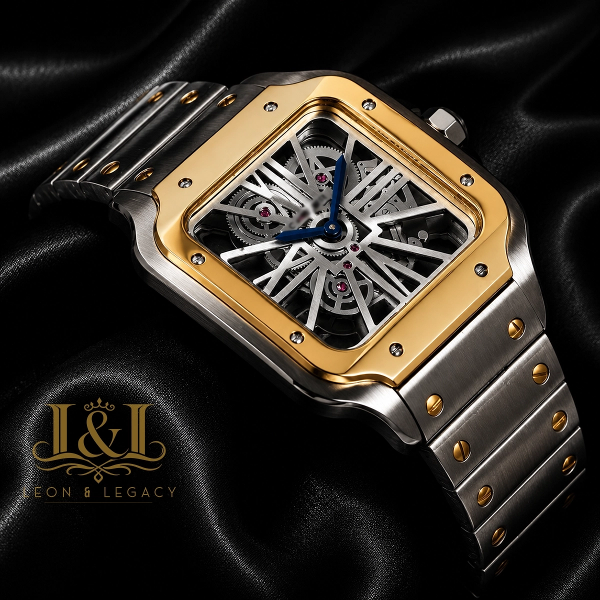 Two Tone Gold Automatic Watch with White Skeleton Dial