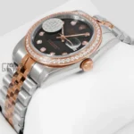 Two Tone Rose Gold Black Dial Stone Bezel & Figure Automatic Watch