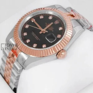 Two Tone Rose Gold Black Dial Stone Index