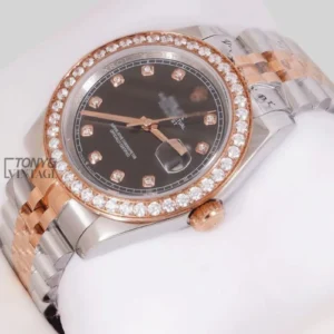 Two Tone Rose Gold Charcoal Dial Stone Bezel Automatic Watch