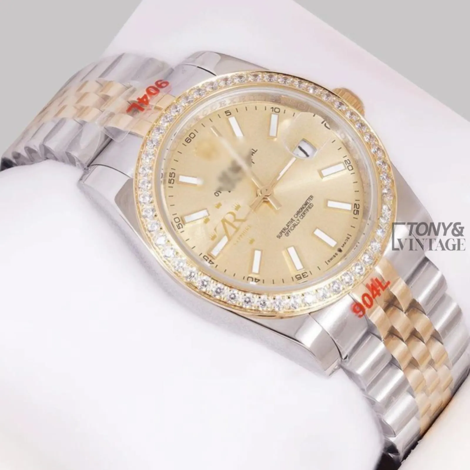 Two Tone Rose Gold Golden Dial Stone Bezel Automatic Watch