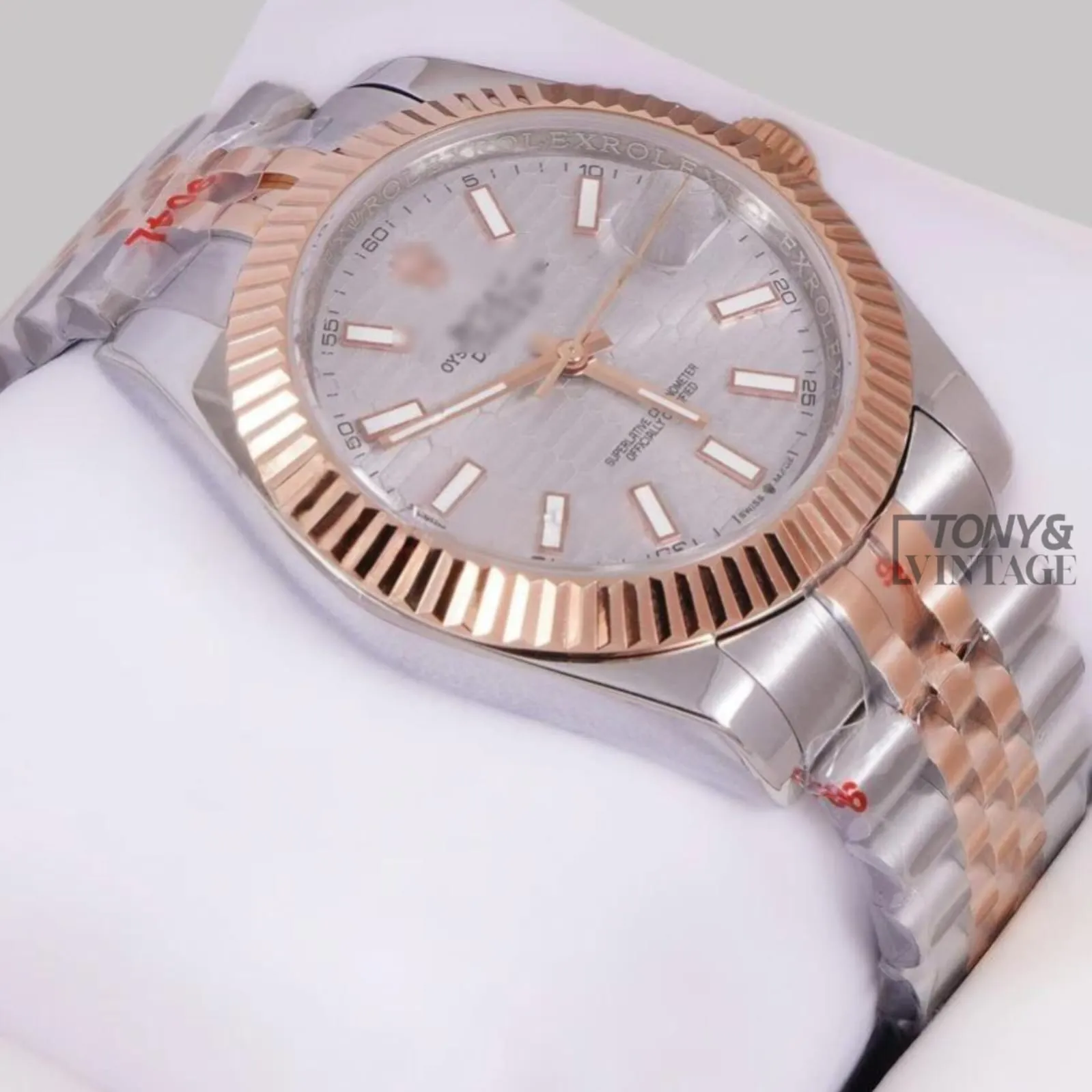 Two Tone Rose Gold Gray Textured Dial Automatic Watch