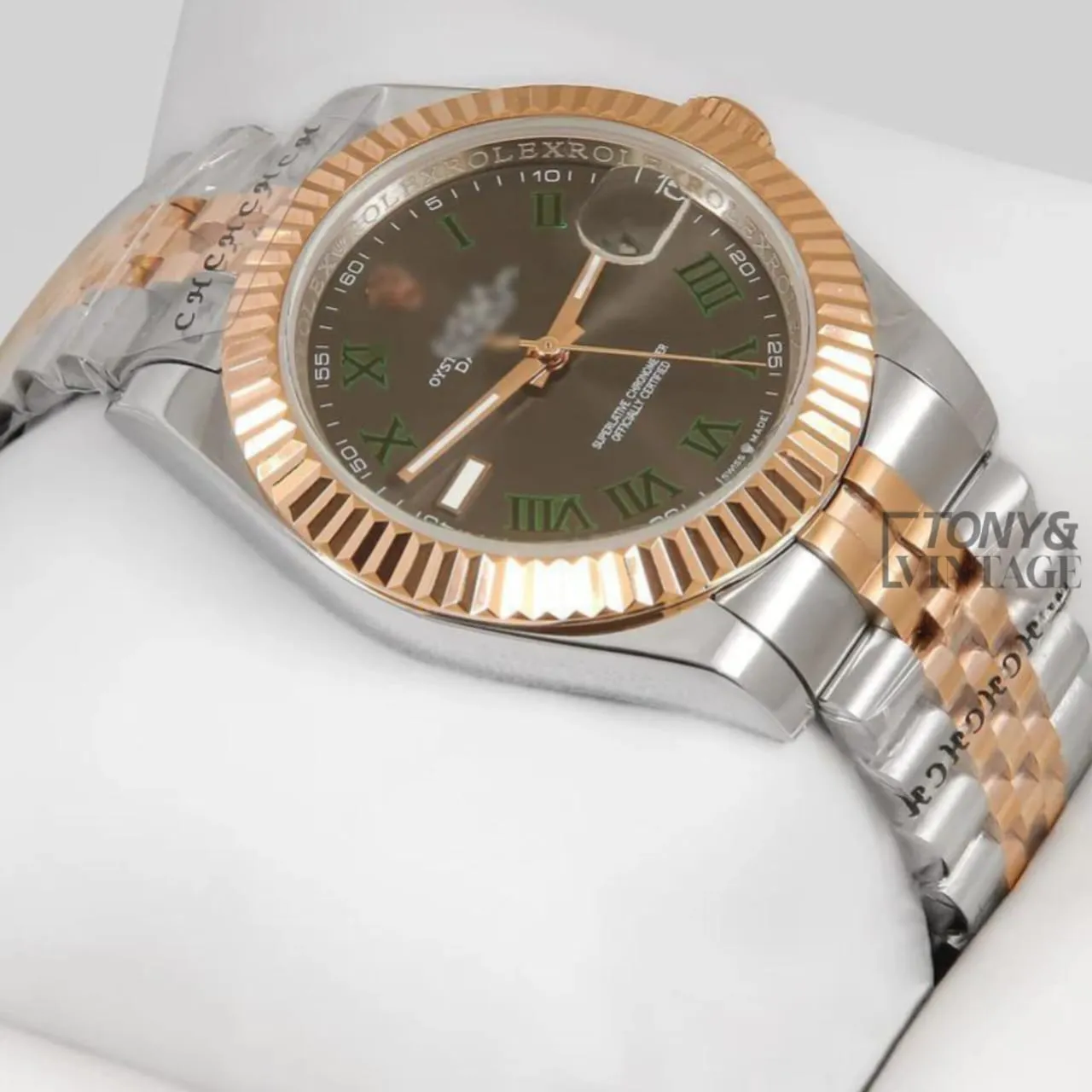 Two Tone Rose Gold Grey Dial & Green Roman Index Automatic Watch