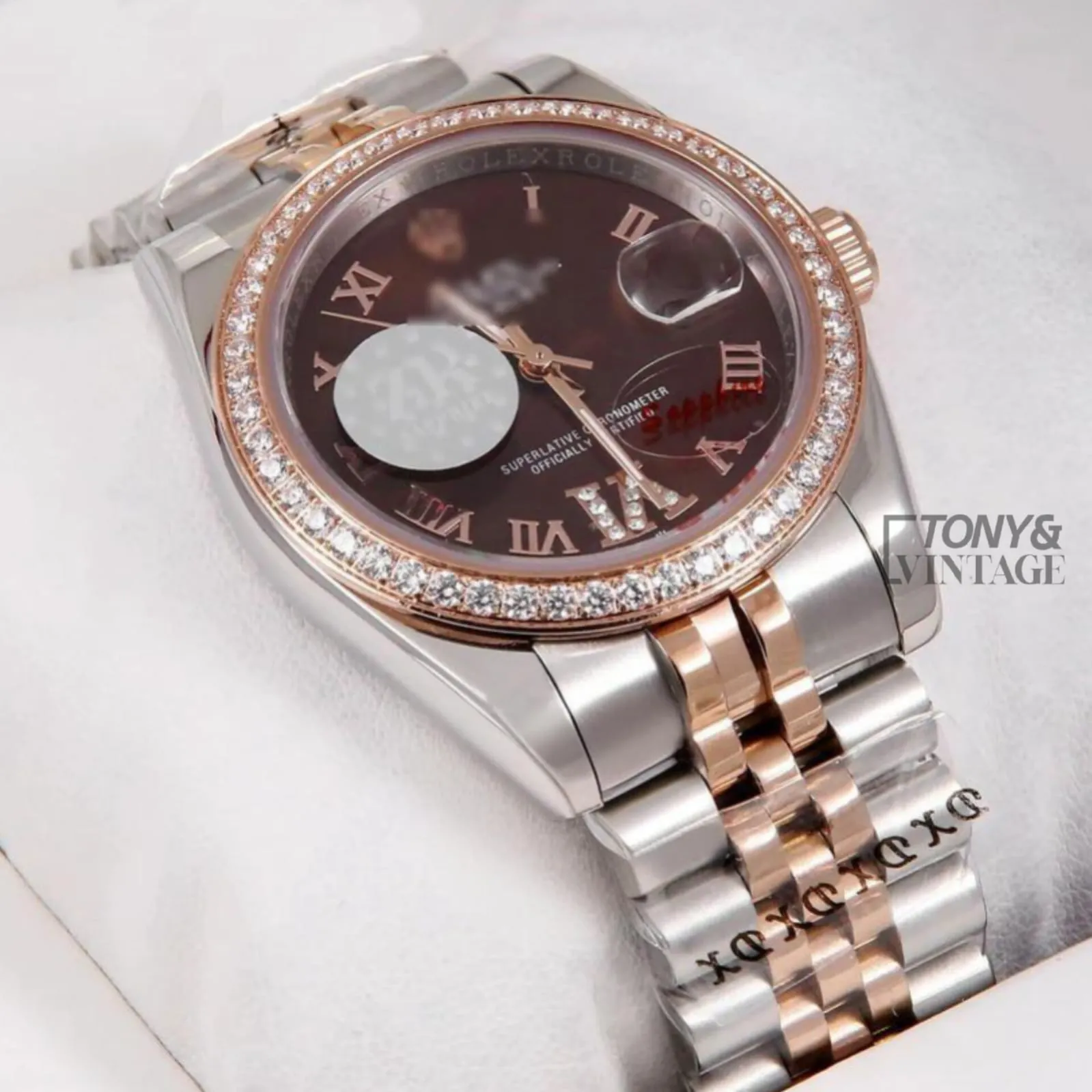 "Two Tone Rose Gold Roman Numeral & Stone Bezel "