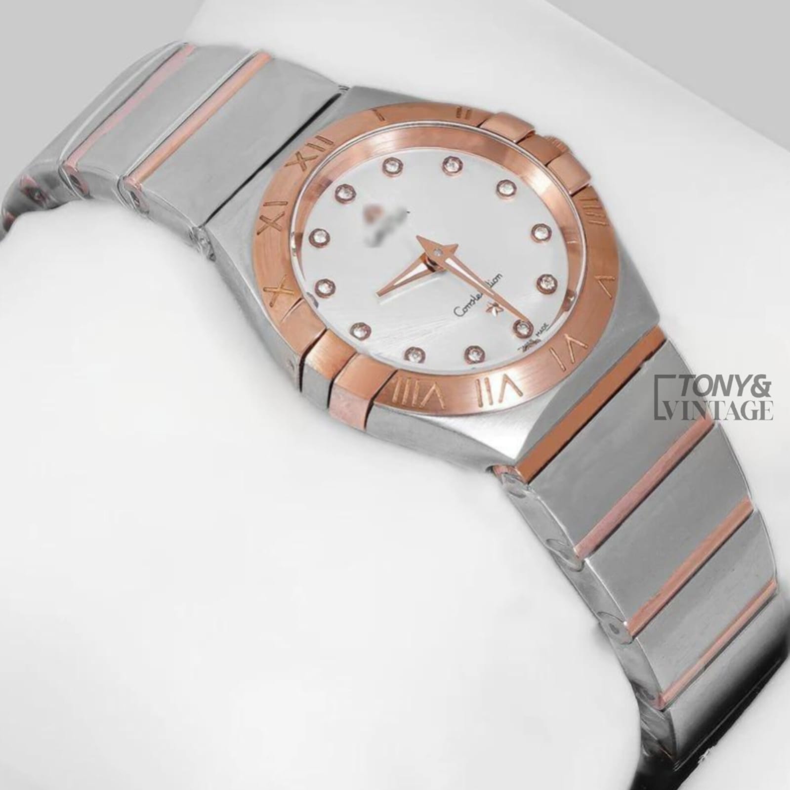 Two Tone Rose Gold With Silver Dial Stone Figure Ladies Watch