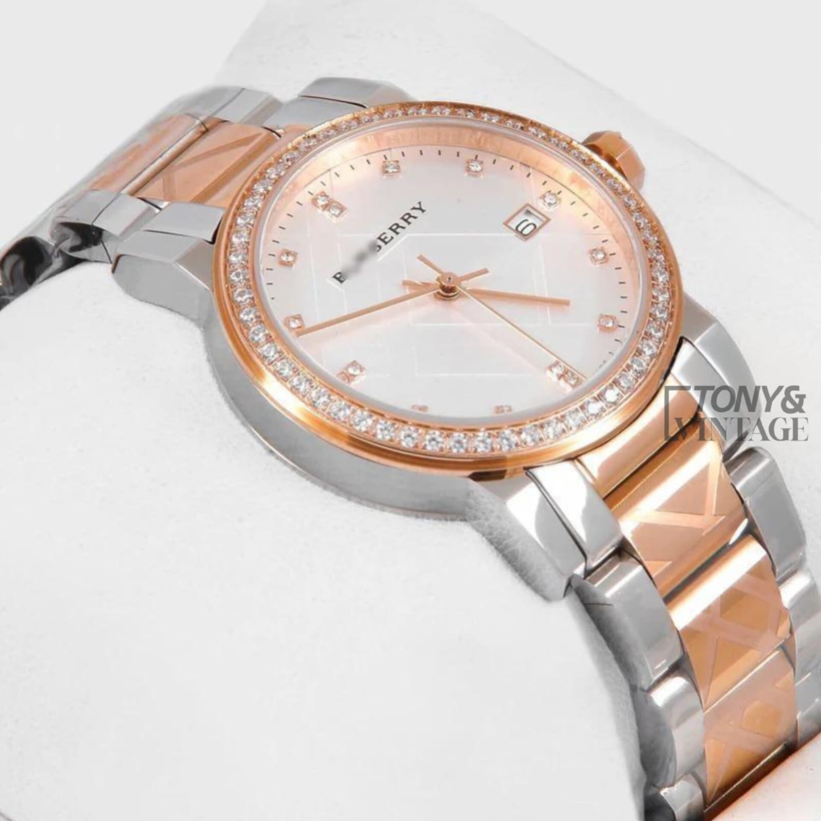 Two Tone Rose Gold With White Dial Stone Bezel & Figure Ladies Watch