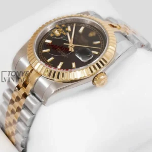 Two-Tone Yellow Gold Automatic Watch with Black Dial and Fluted Bezel