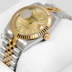 Two-Tone Yellow Gold Automatic Watch with Fluted Bezel and Matching Dial