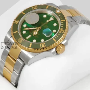 Two Tone Yellow Gold Automatic Watch with Green Dial and Bezel