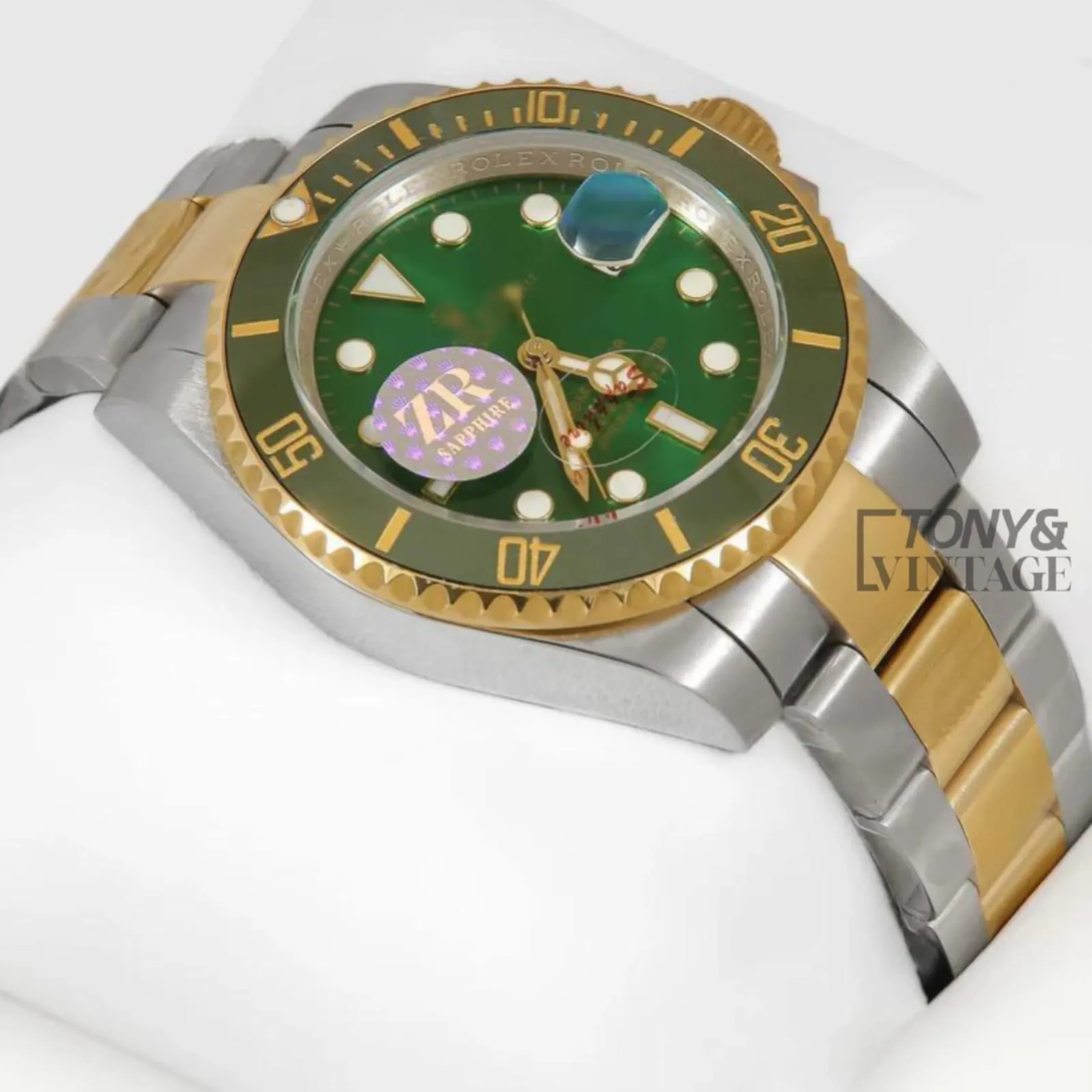 Two Tone Yellow Gold Automatic Watch with Green Dial and Bezel
