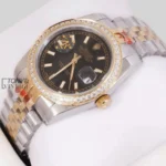 Two Tone Yellow Gold Black Dial Stone Bezel Automatic Watch