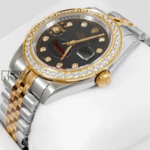Two Tone Yellow Gold Black Dial Stone Bezel
