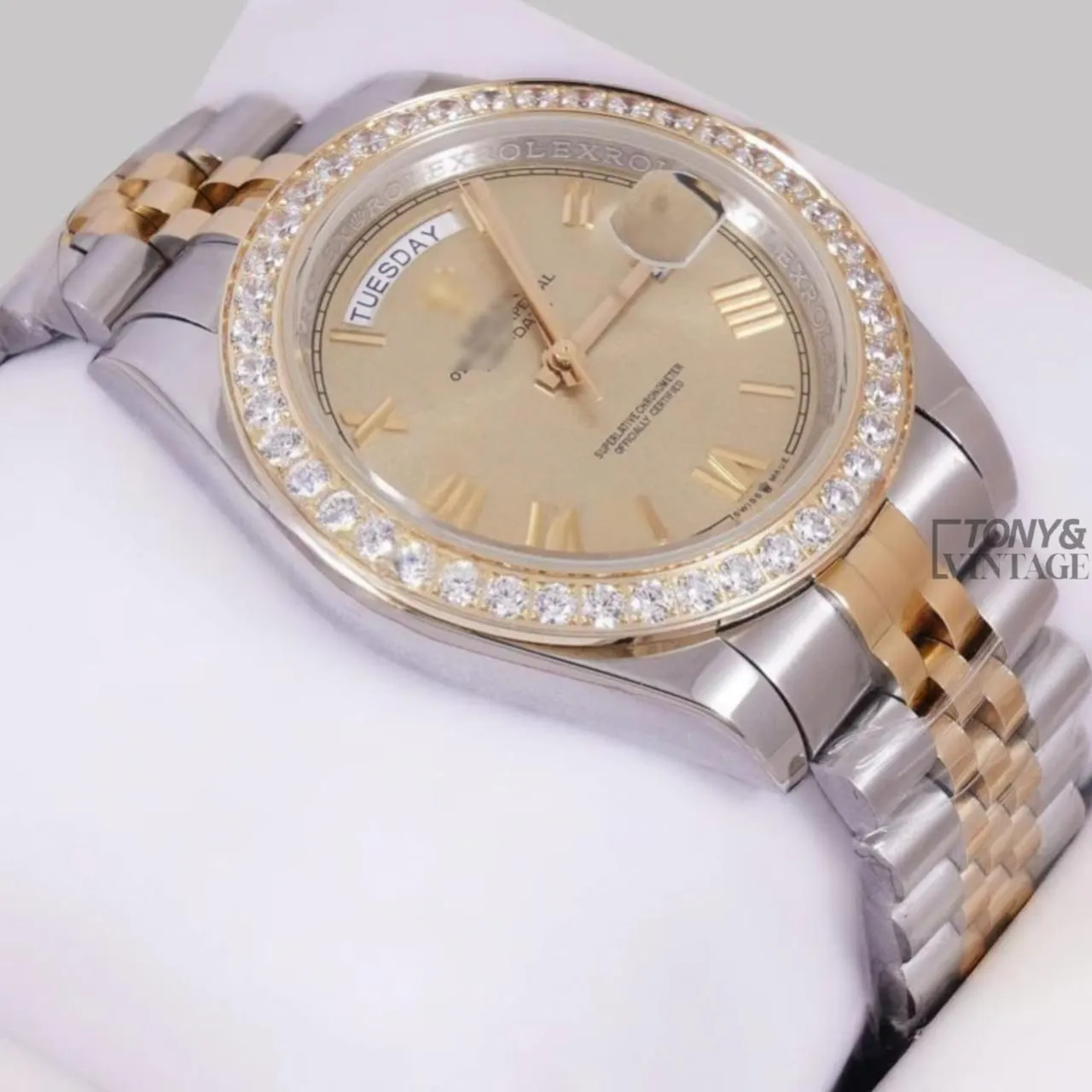 Two Tone Yellow Gold Dial Stone Bezel Automatic Watch
