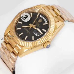 Yellow Gold Automatic Watch with Black Dial and Fluted Bezel