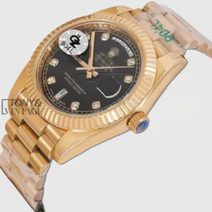 Yellow Gold Automatic Watch with Black Dial and Fluted Bezel