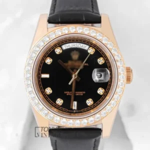 Yellow Gold Automatic Watch with Black Dial and Leather Strap