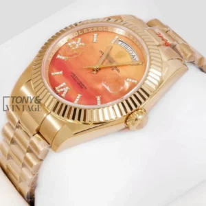 Yellow Gold Automatic Watch with Peach Dial