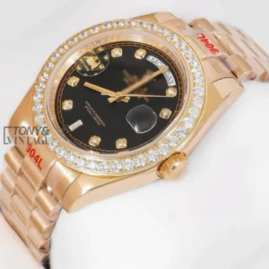 Yellow Gold Black Dial & Stone Bezel Automatic Watch