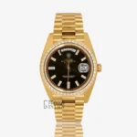 Yellow Gold Black Dial Stone Bezel Automatic Watch